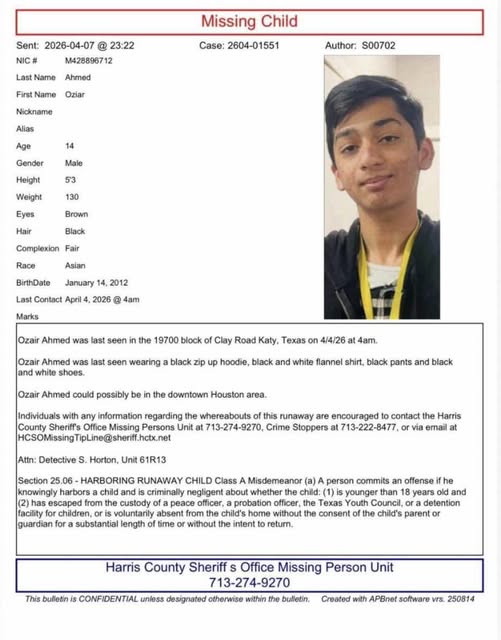 Ozair Ahmed, Katy TX, Missing: 14-year-old boy Reportedly Missing